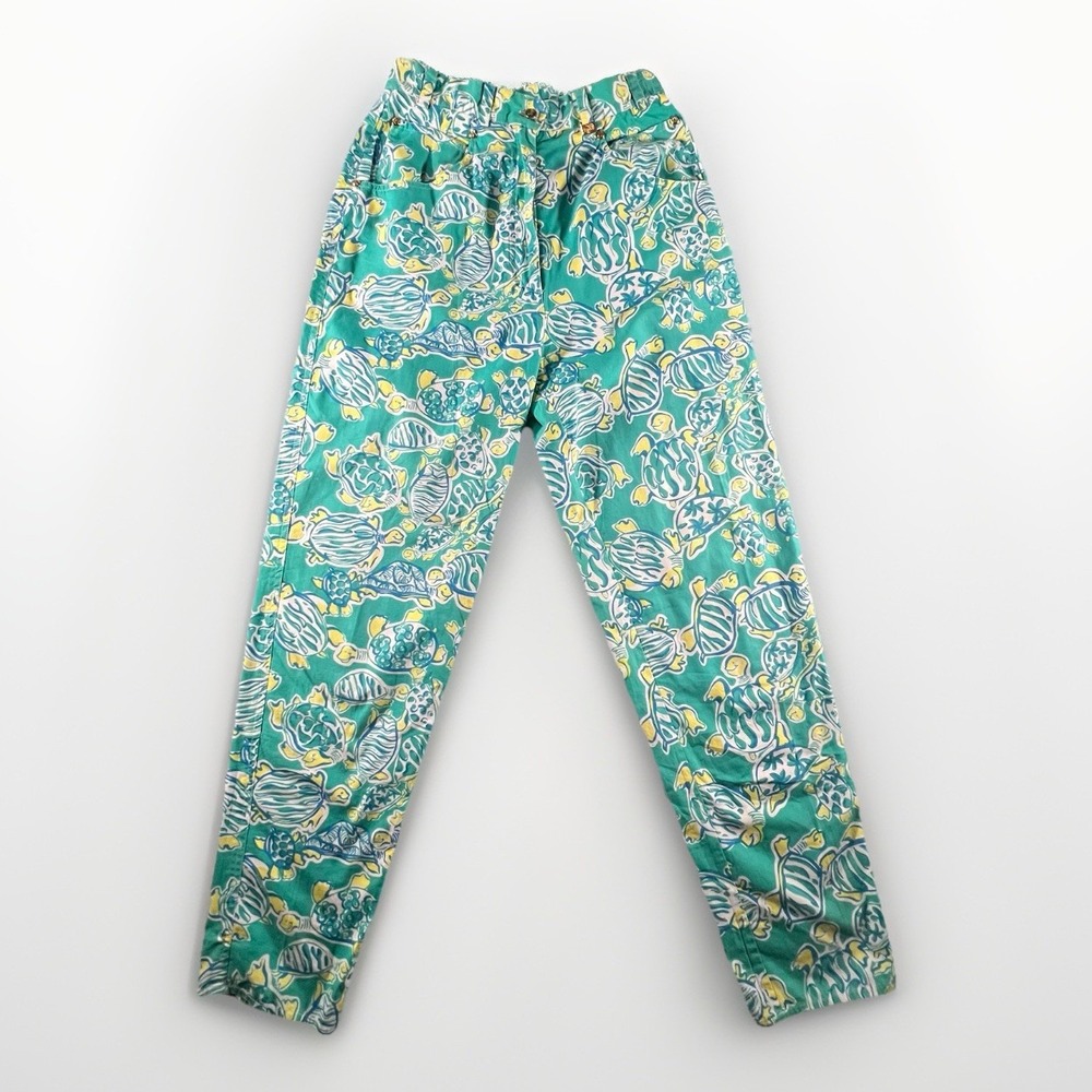 Lilly Pulitzer Teal Floral Print Pants with Yellow Accents